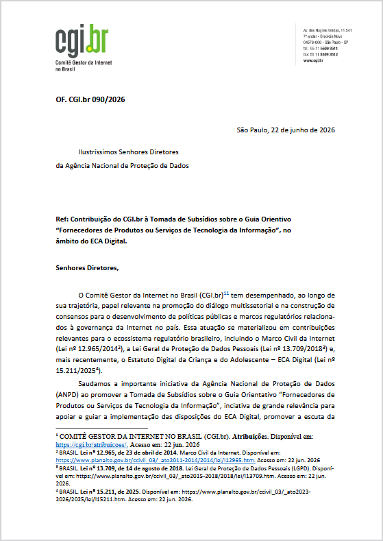 Contribuição do CGI.br à Tomada de Subsídios sobre o Guia Orientivo “Fornecedores de Produtos ou Serviços de Tecnologia da Informação”, no âmbito do ECA Digital